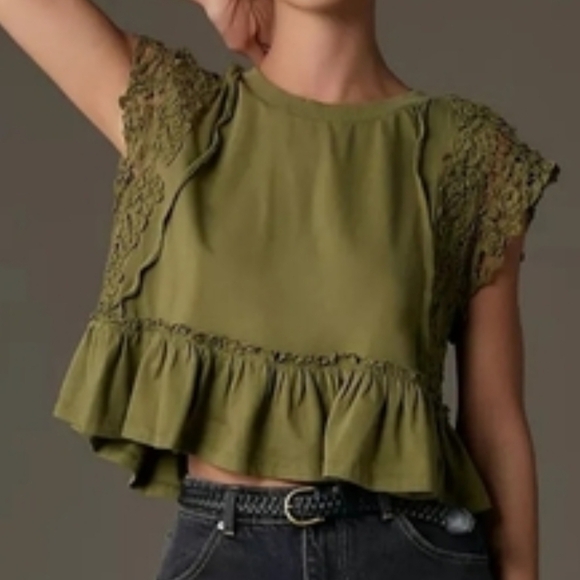 Anthropologie Tops - Anthropologie Olive Lace Sleeve Ruffle-Hem Crop Top